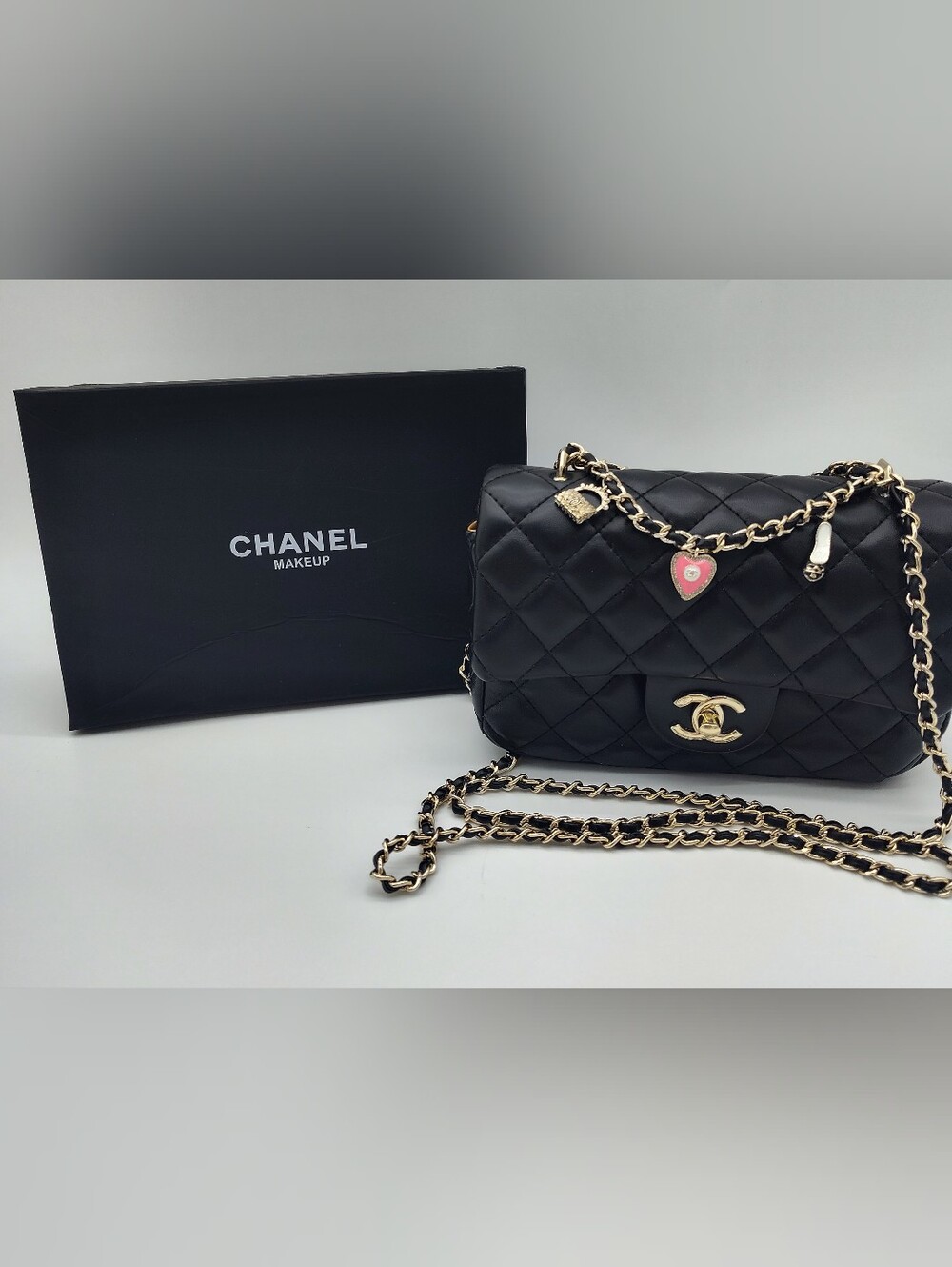 CHANEL MAKEUP Black Quilted Flap Chain Bag Gold Tone Charms Promotional Gift NIB